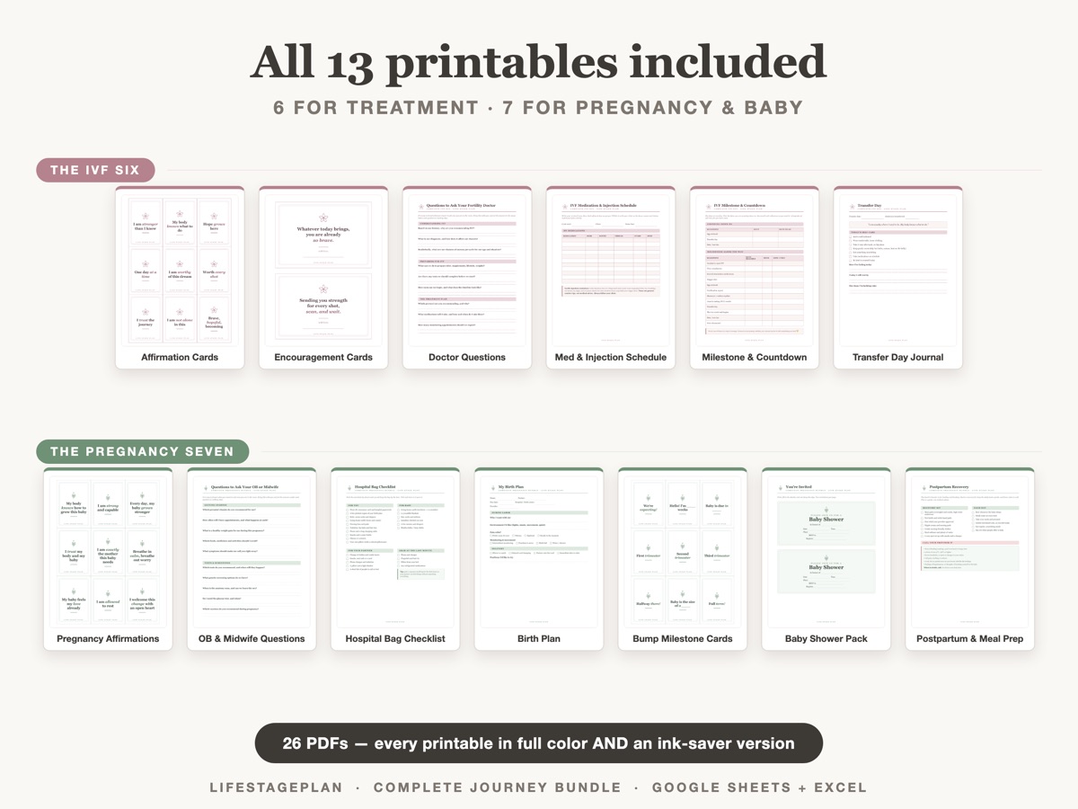 Spread of 13 printable PDFs including affirmation cards